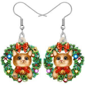 ⚡Christmas Cat Earrings for Women Cute Holiday Wreath Dangle Drop Jewelry Gift